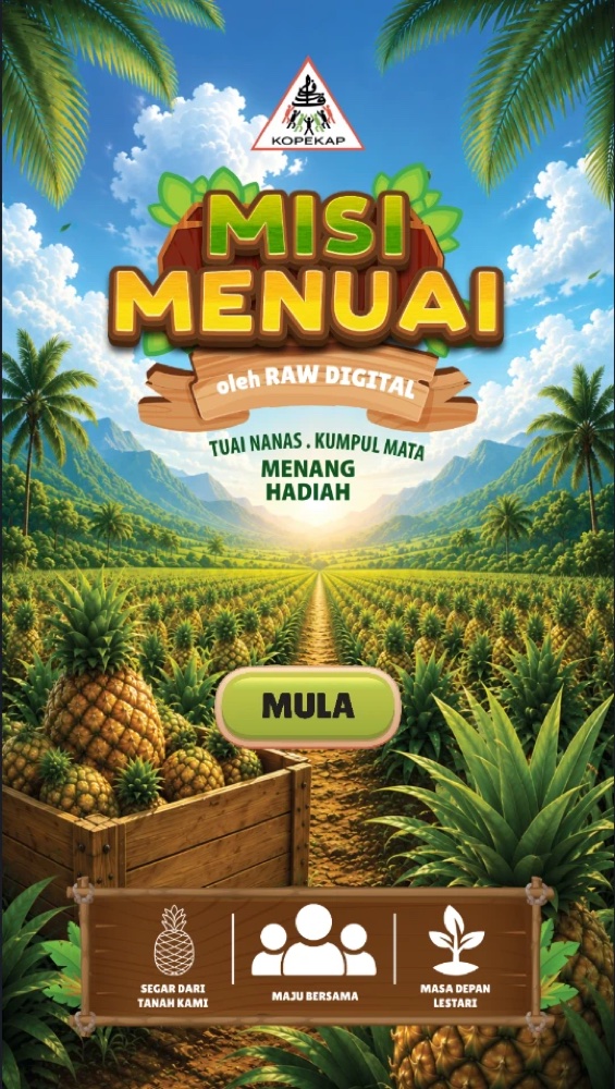 KOPEKAP Misi Menuai game start screen with pineapple plantation and Mula button