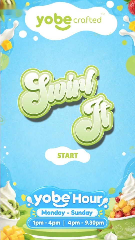 Yobe Swirl It game start screen with the Yobe Crafted logo and yobe Hour banner