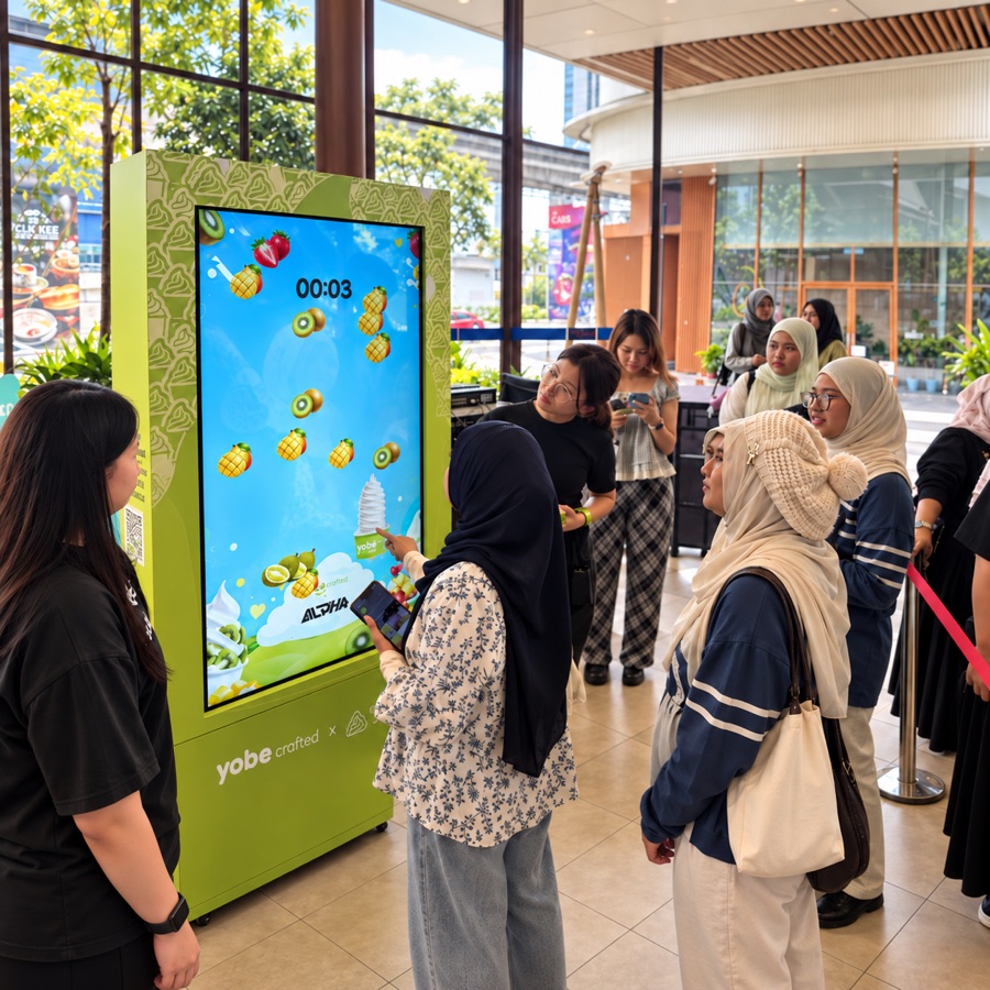 Guests playing a branded touchscreen game at a mall kiosk