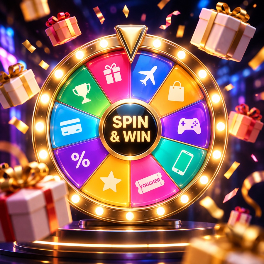 Spin and win lucky draw wheel surrounded by prizes